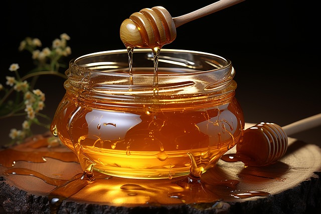 Jar of raw Irish wildflower honey with wooden dipper